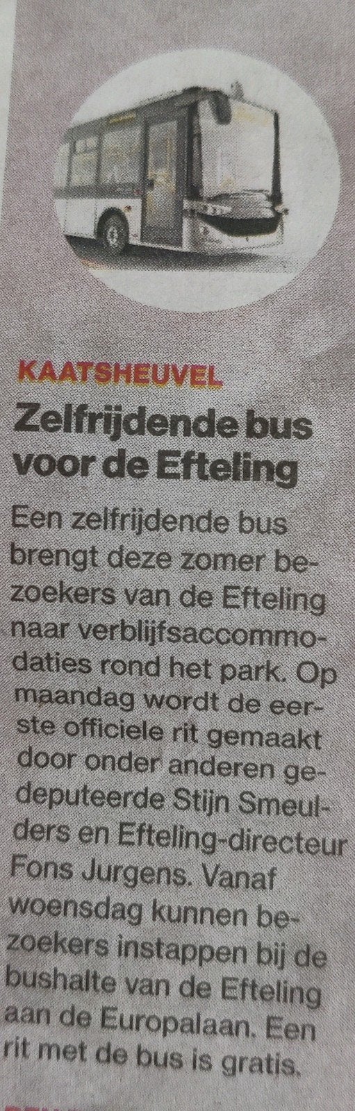 Efteling Krantenartikel: Zelfrijdende bus voor de Efteling, Ophalen of Verzenden, 1980 tot heden, Nederland, Knipsel(s)