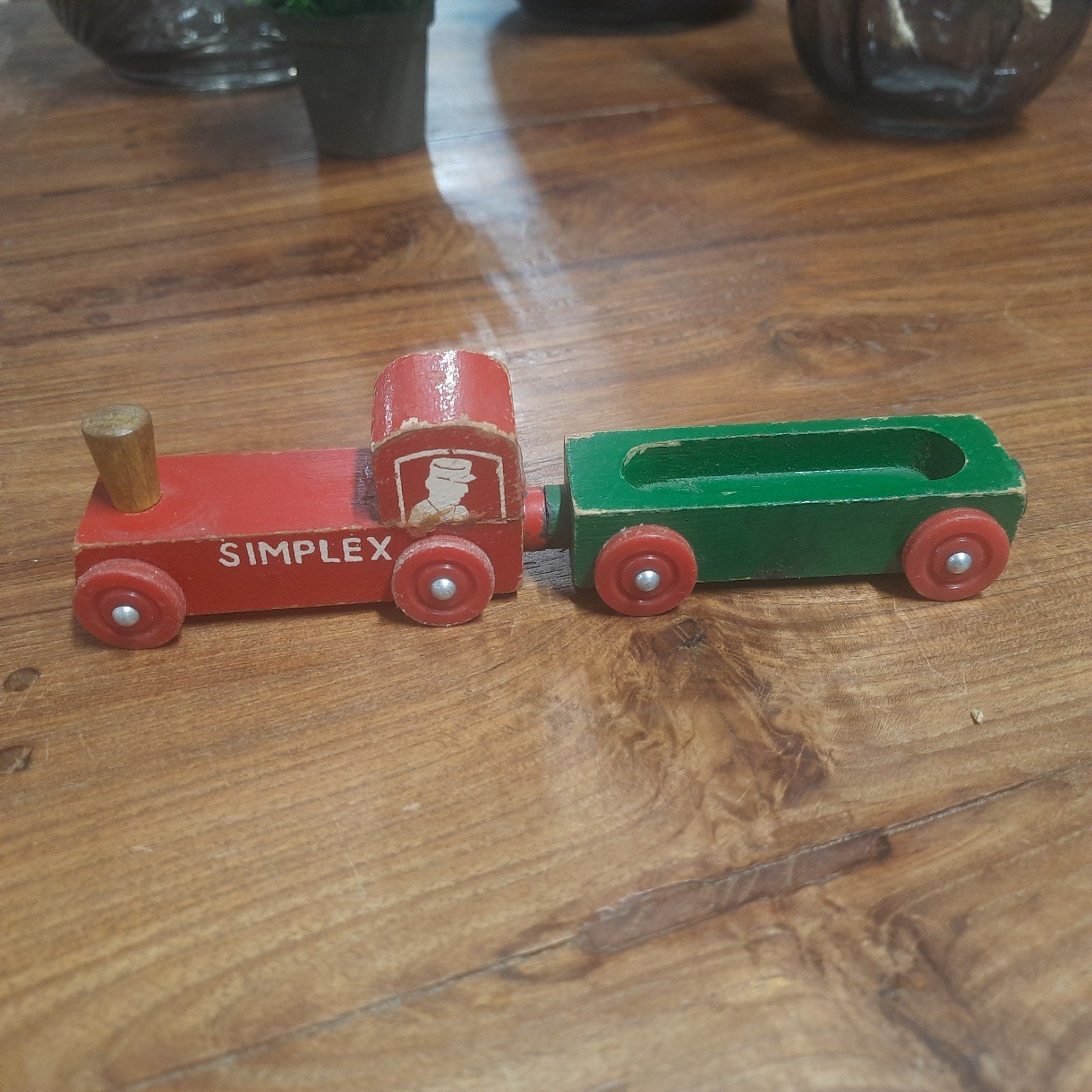 Vintage Simplex houten trein met wagon, Ophalen of Verzenden
