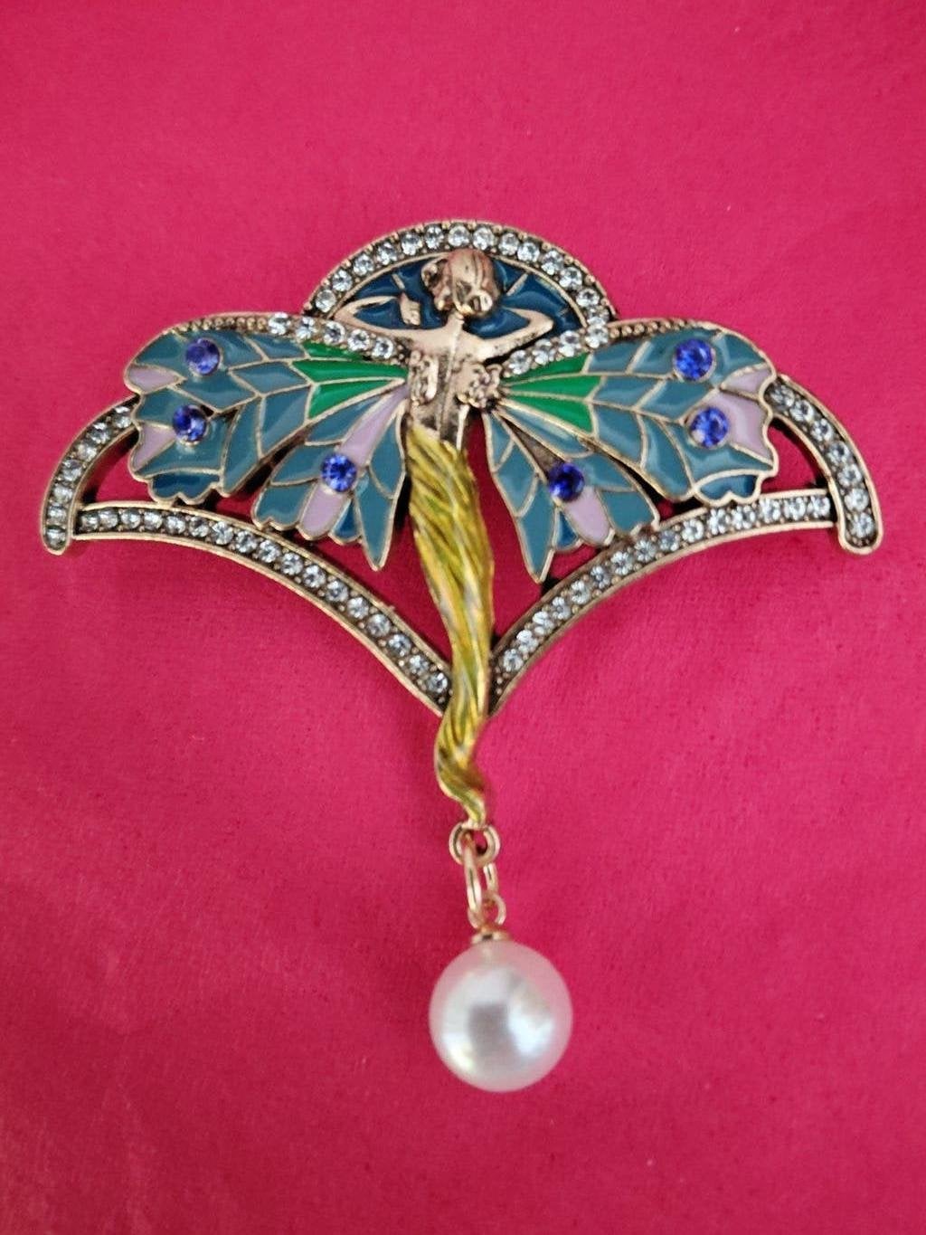 Vintage Broche met Parel en Strass - Art Nouveau Stijl, Overige materialen, 4 tot 7 cm, Overige kleuren, Met parel