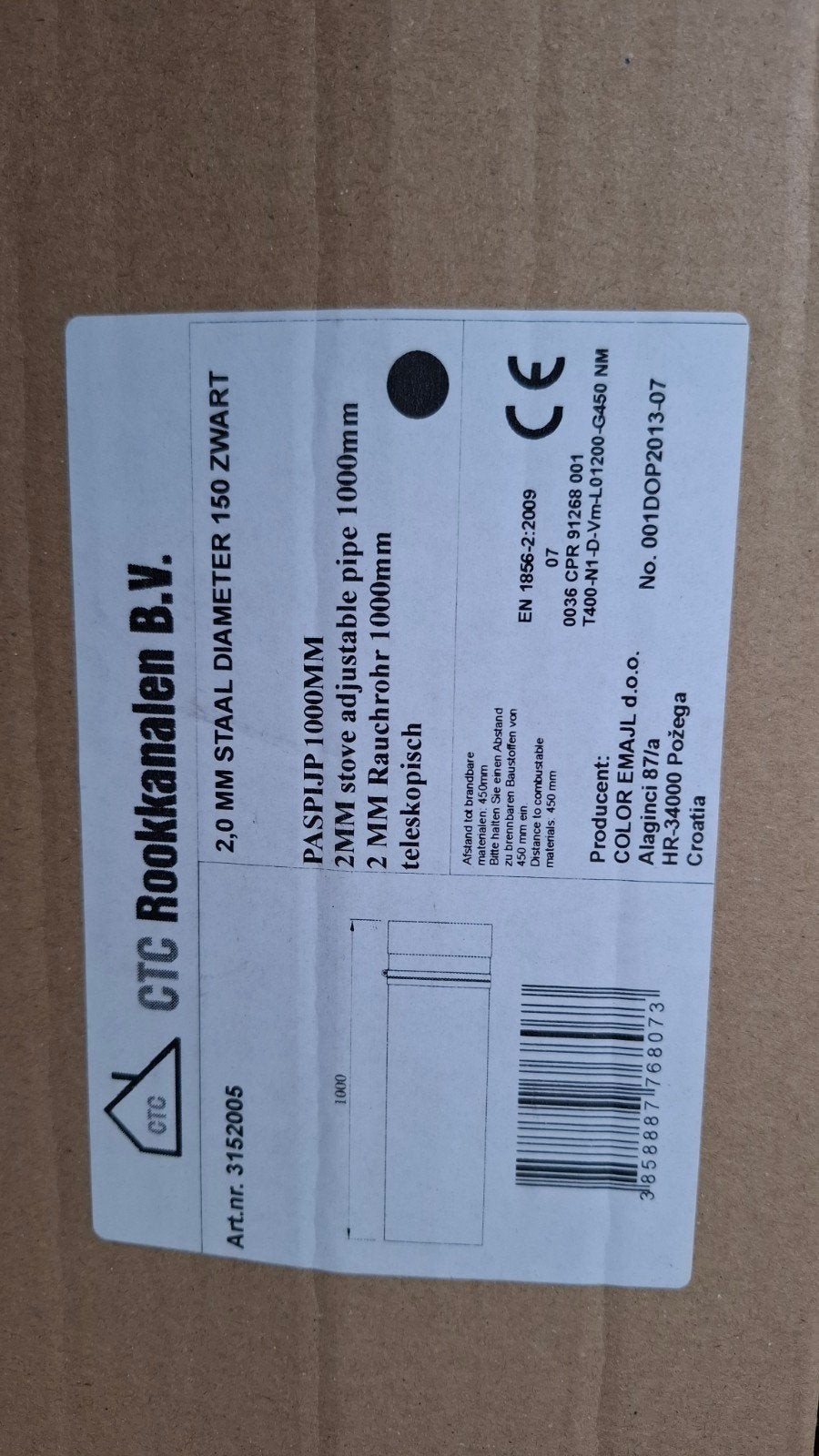 CTC Rookkanaal kachelpijp 1000mm Zwart - Diameter 150mm, Ophalen, Nieuw, Overige soorten