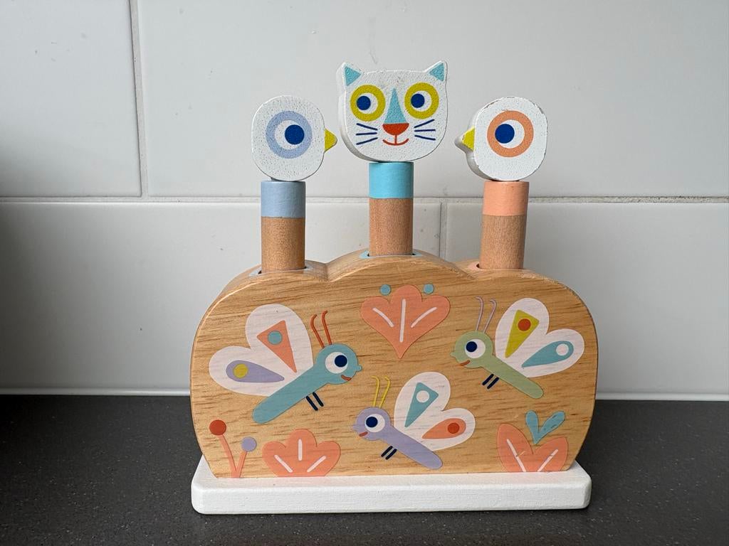 Djeco Houten Pop-Up Speelgoed Kat en Vogels, Ophalen of Verzenden, Zo goed als nieuw, Overige typen