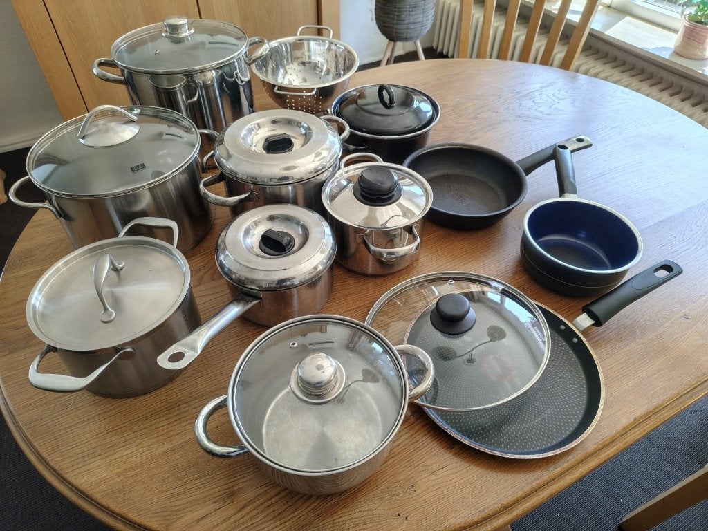 Pannenset met o.a. Fissler en Herman, Ophalen, Gebruikt, Met deksel, Pannenset