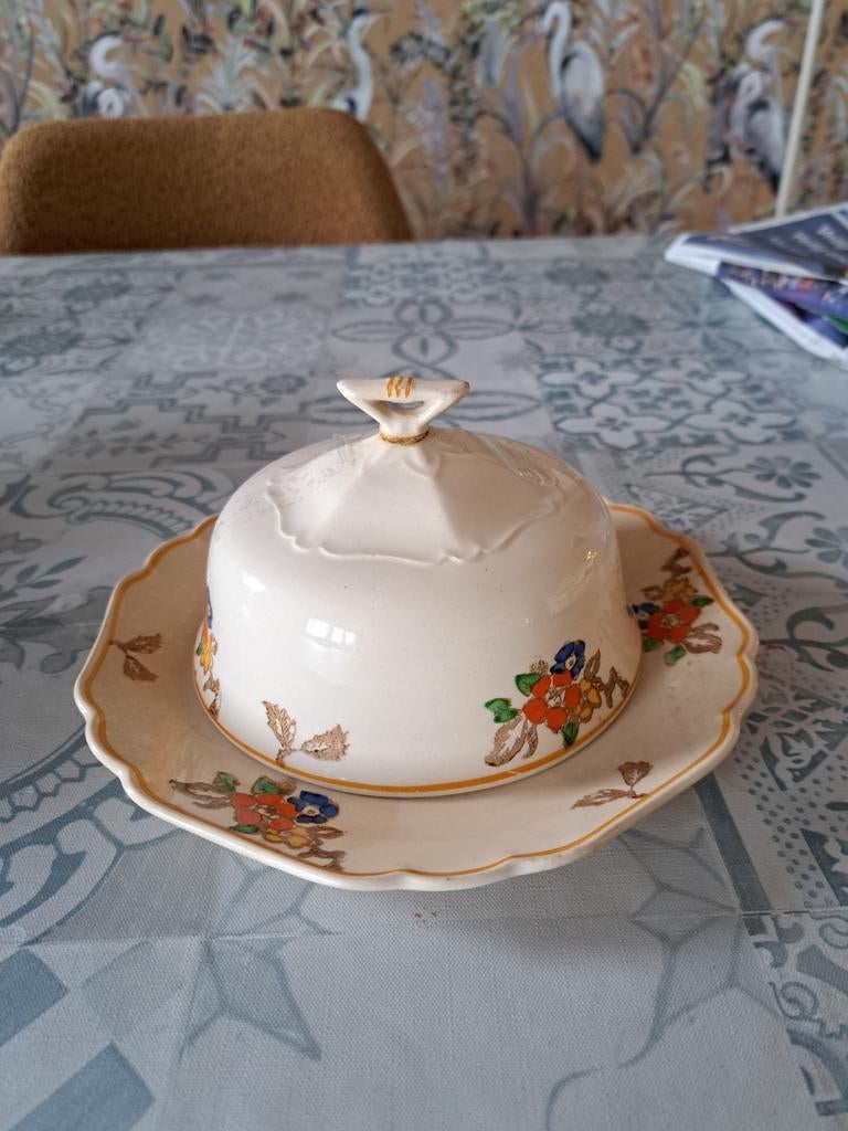 Vintage botervloot met bloemmotief, Gebruikt, Keramiek, Overige typen, Ophalen of Verzenden
