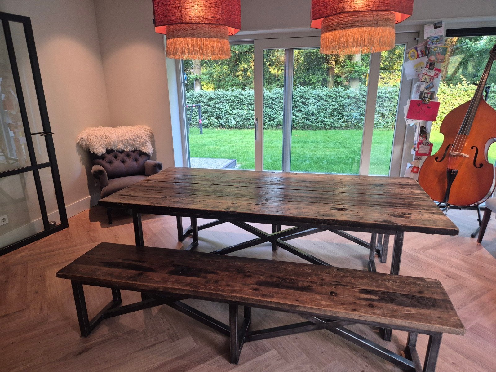 Timothy Oulton axel tafel en 2 banken 213 x 105, Overige houtsoorten, Gebruikt, 100 tot 150 cm, Verzenden