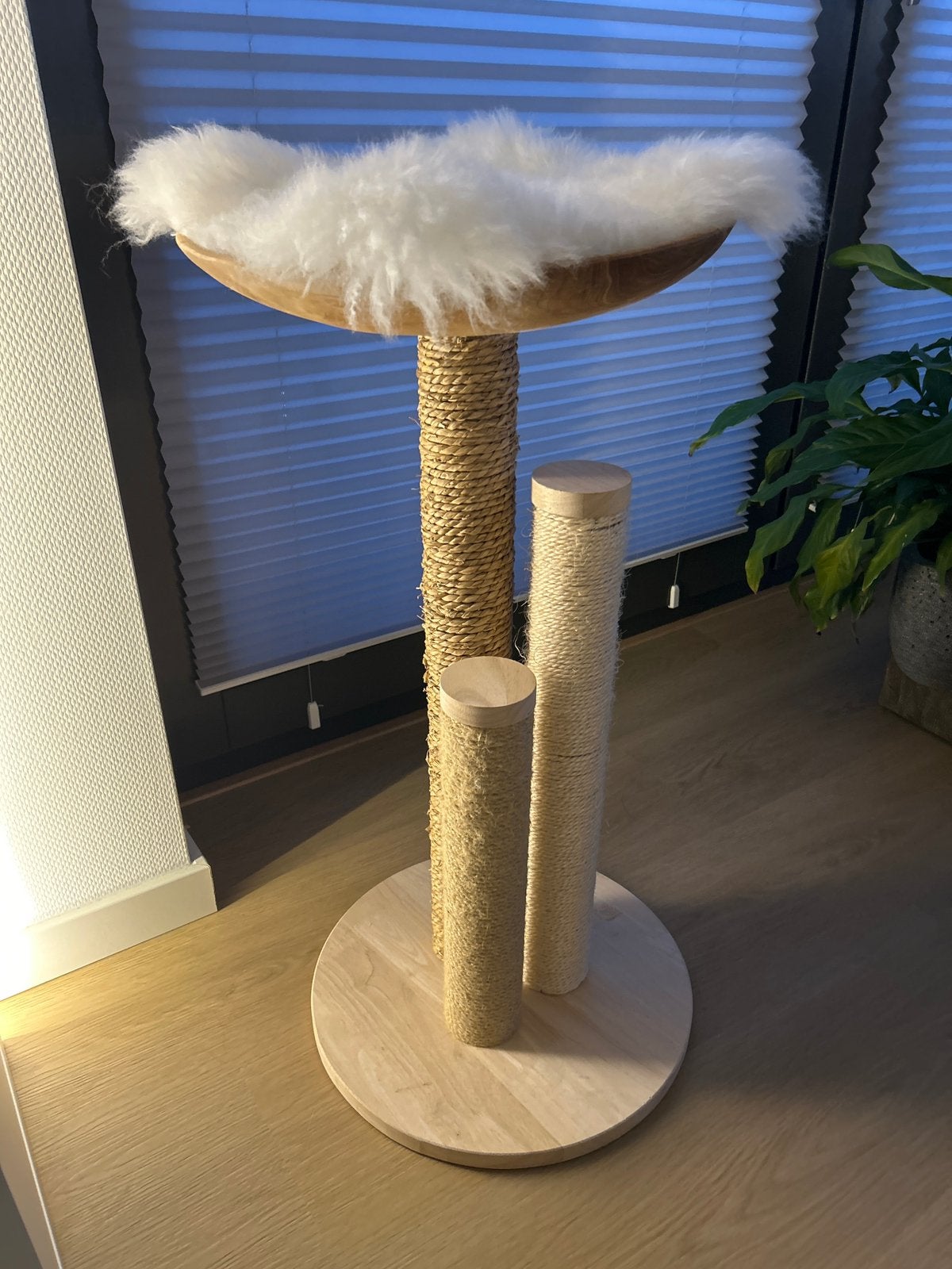 Luxe houten design krabpaal met Teak schaal & vachtje, Ophalen, Gebruikt, Krabpaal