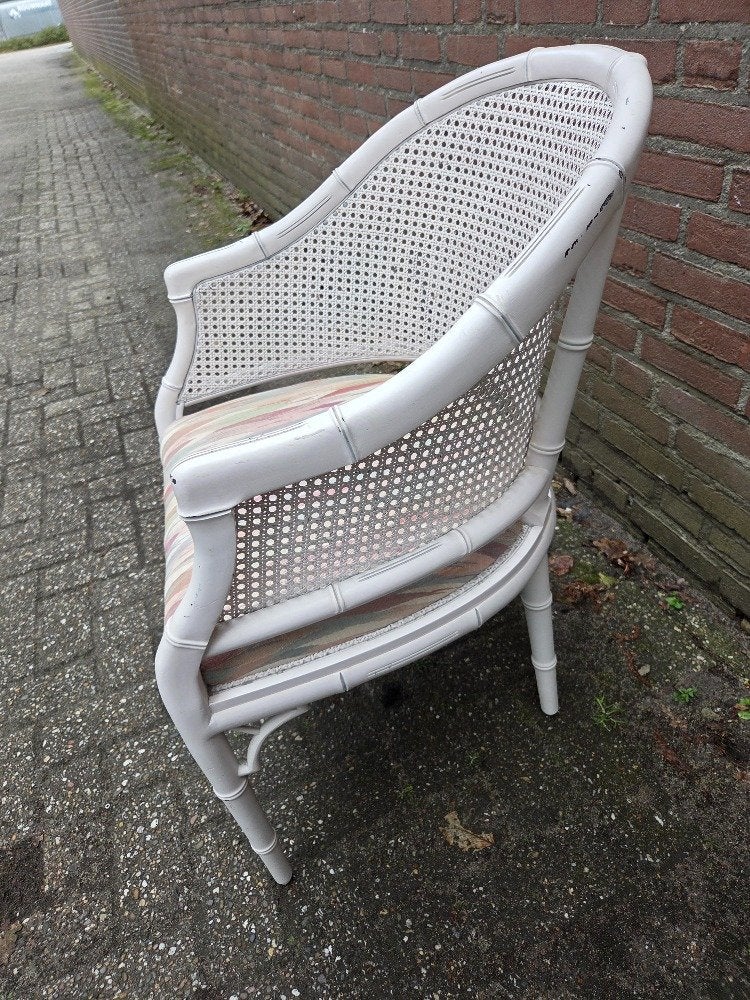 stoel fauteuil rotan bamboe wit vintage, Ophalen of Verzenden