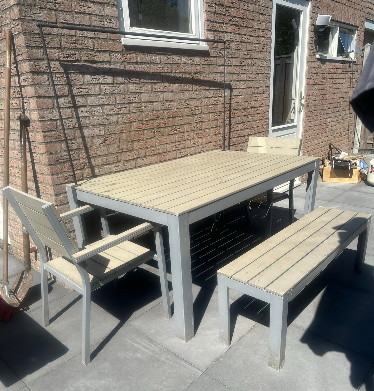 Tuinset met tafel, 2 stoelen en bank, Ophalen, 4 zitplaatsen, Gebruikt, Eettafel