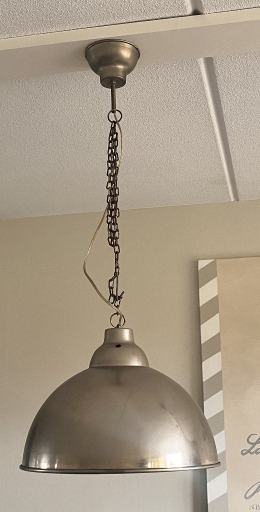 Hanglamp 3x, metaal/messing aan ketting, hoogte verstelbaar, Ophalen, Gebruikt, Metaal