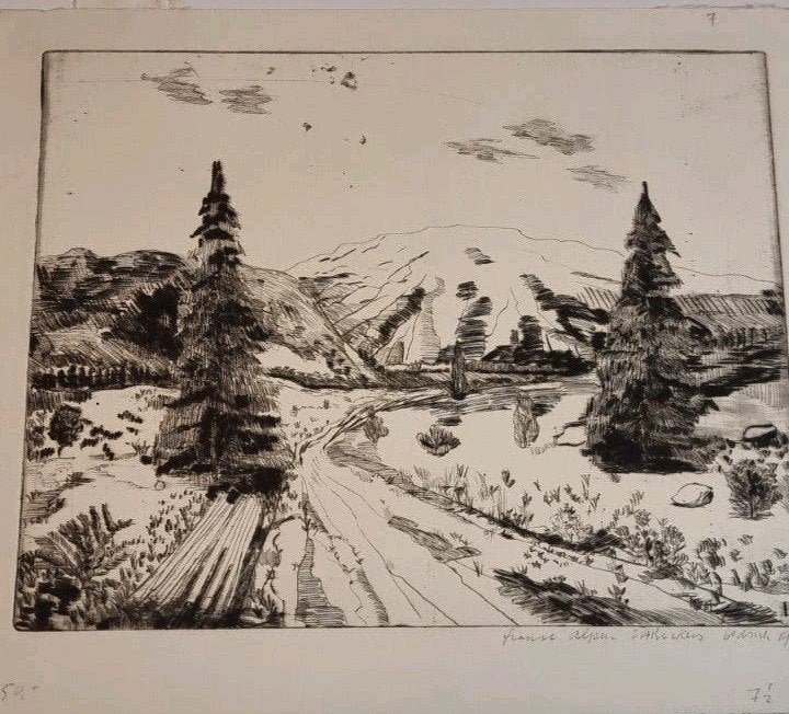 Ets 'Franse Alpen' van D.H. Beckers, gedrukt in 1977, Ophalen of Verzenden, Origineel, Landschap, 1950 - 1999
