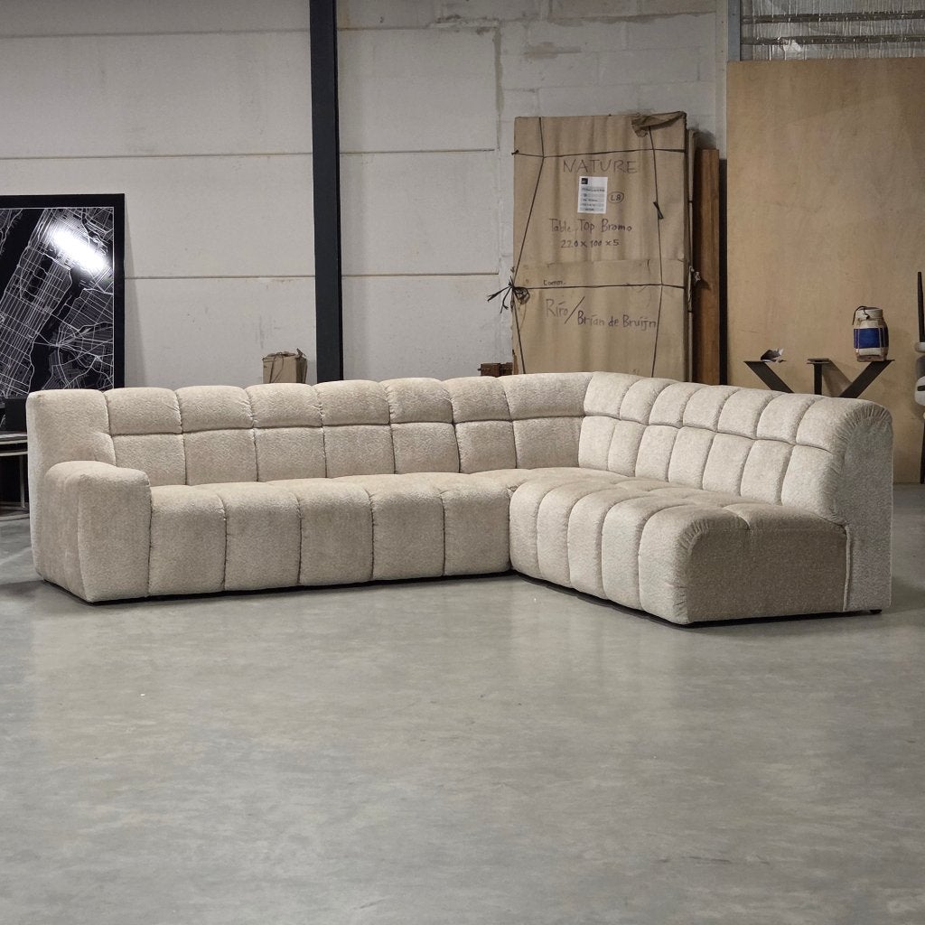 Hoekbank beige blokken 288x256 !!showmodel maar nieuw!!, Ophalen, Nieuw, Stof, Japandi