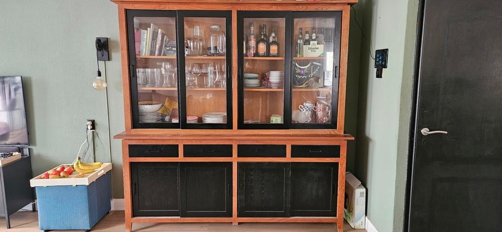 Houten vitrinekast met lades en deuren, Gebruikt, Met deur(en), Glas, Ophalen of Verzenden
