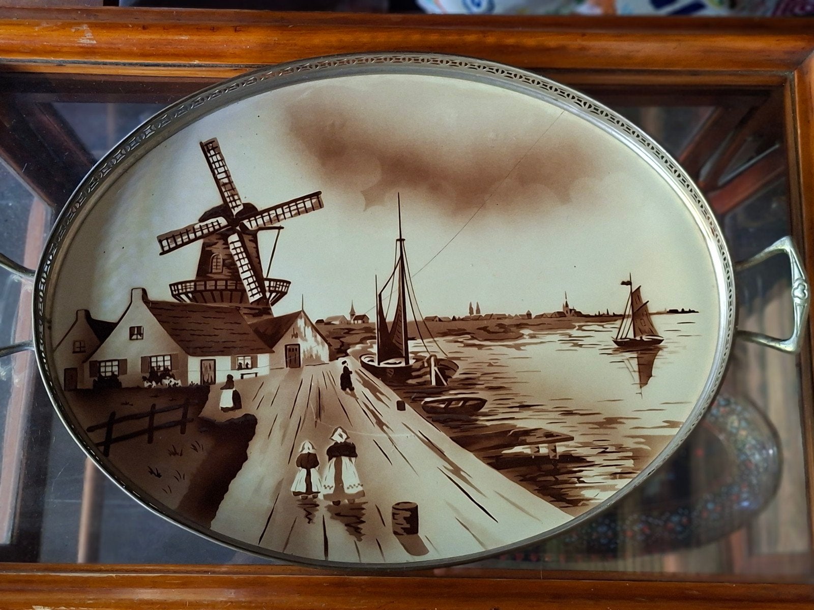 Vintage Dienblad Ovaal met Landelijke Afbeelding, Huis en Inrichting, Gebruikt, Met afbeelding/tekst, Ophalen of Verzenden, Dienblad