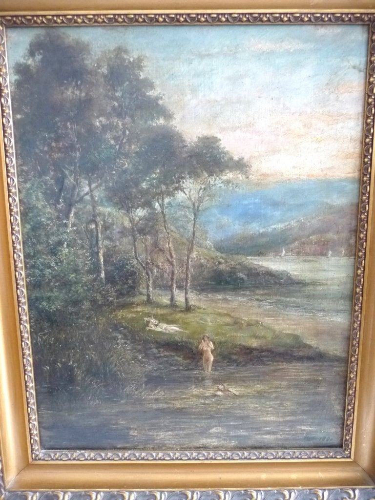 SCHILDERIJ MET LIJST GROOT 53 BIJ 43 CM DAMES BADEN IN MEER, Minder dan 50 cm, Gebruikt, Oorspronkelijke maker, Verzenden