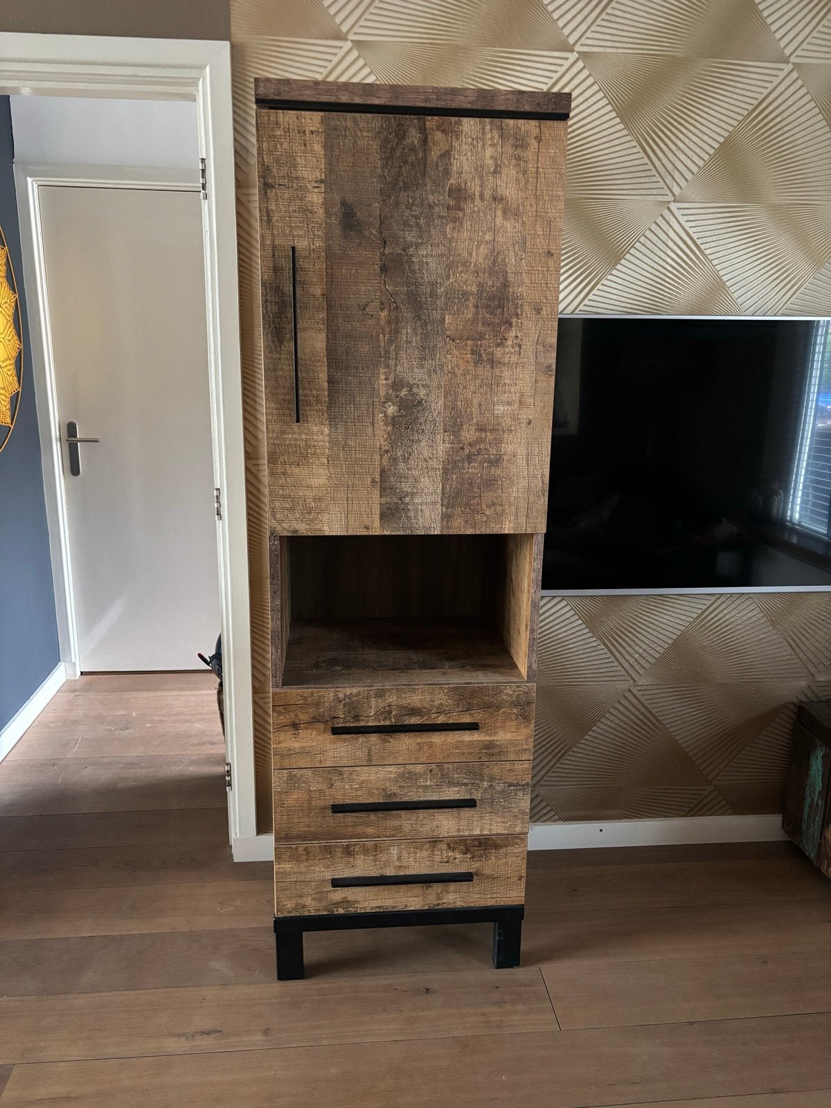 Hoge kast met lades en deurtje - Industrieel design, Ophalen, Zo goed als nieuw