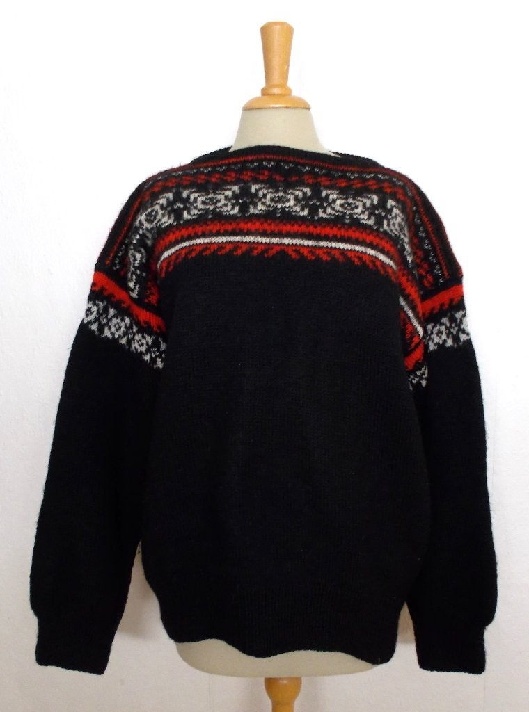 Zwarte 100% wollen (handmade) Noorse/folklore trui! L, Verzenden, Zo goed als nieuw, Maat 42/44 (L), Zwart