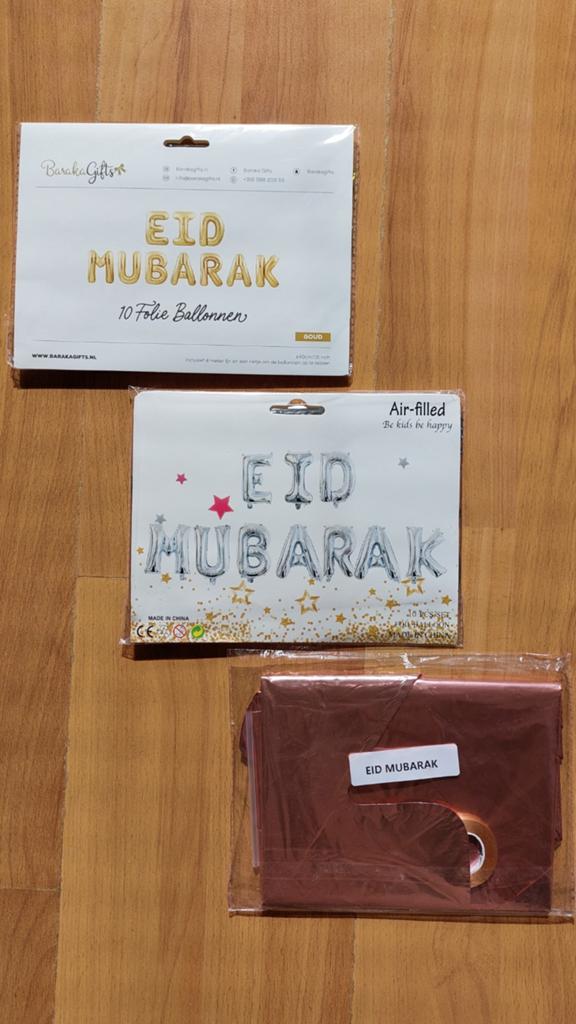 5 Eid Mubarak slingers: 4 folieballonnen en 1 vlaggenlijn, Ophalen of Verzenden, Nieuw, Versiering, Verjaardag