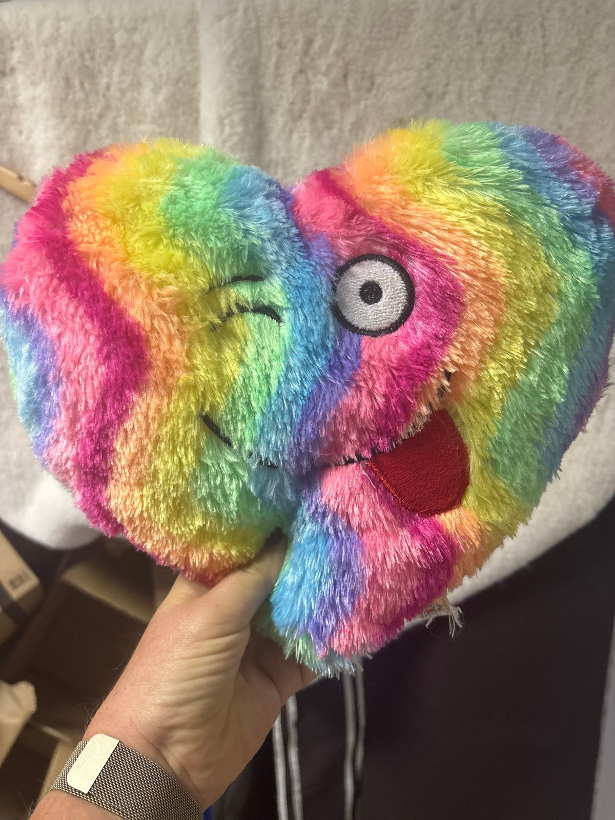 Regenboog Hart Knuffel met Grappig Gezicht, Gebruikt, Overige typen, Ophalen of Verzenden, Meerkleurig