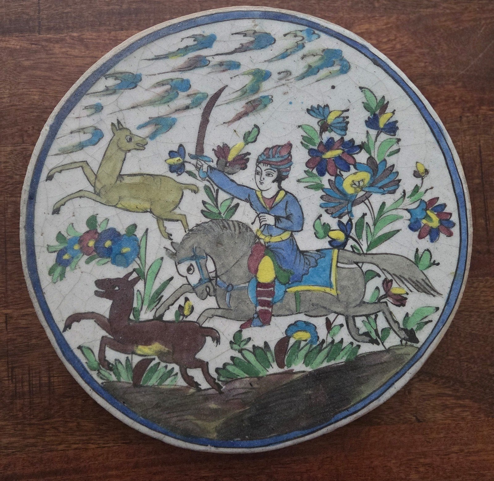 Antiek Perzisch Keramisch Bord - Jachtscène - 38 cm, Ophalen of Verzenden