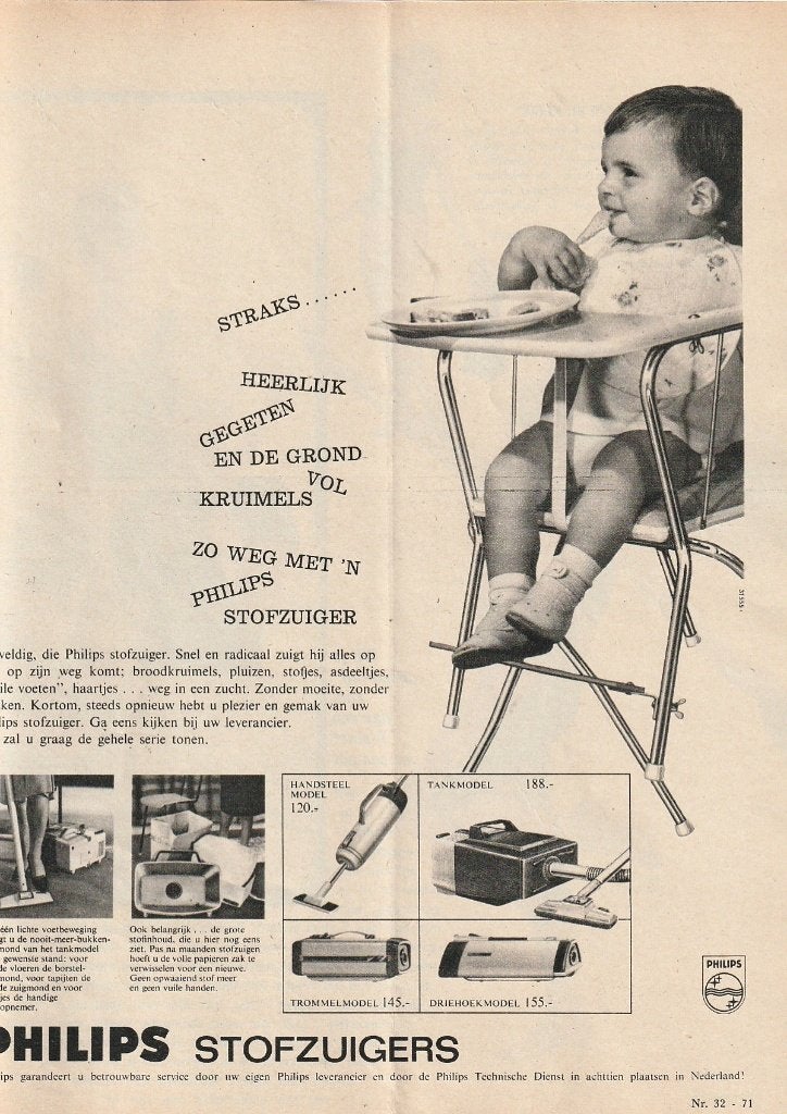 retro reclame 1963 Philips stofzuiger kindje in kinderstoel, Verzenden, Overige typen