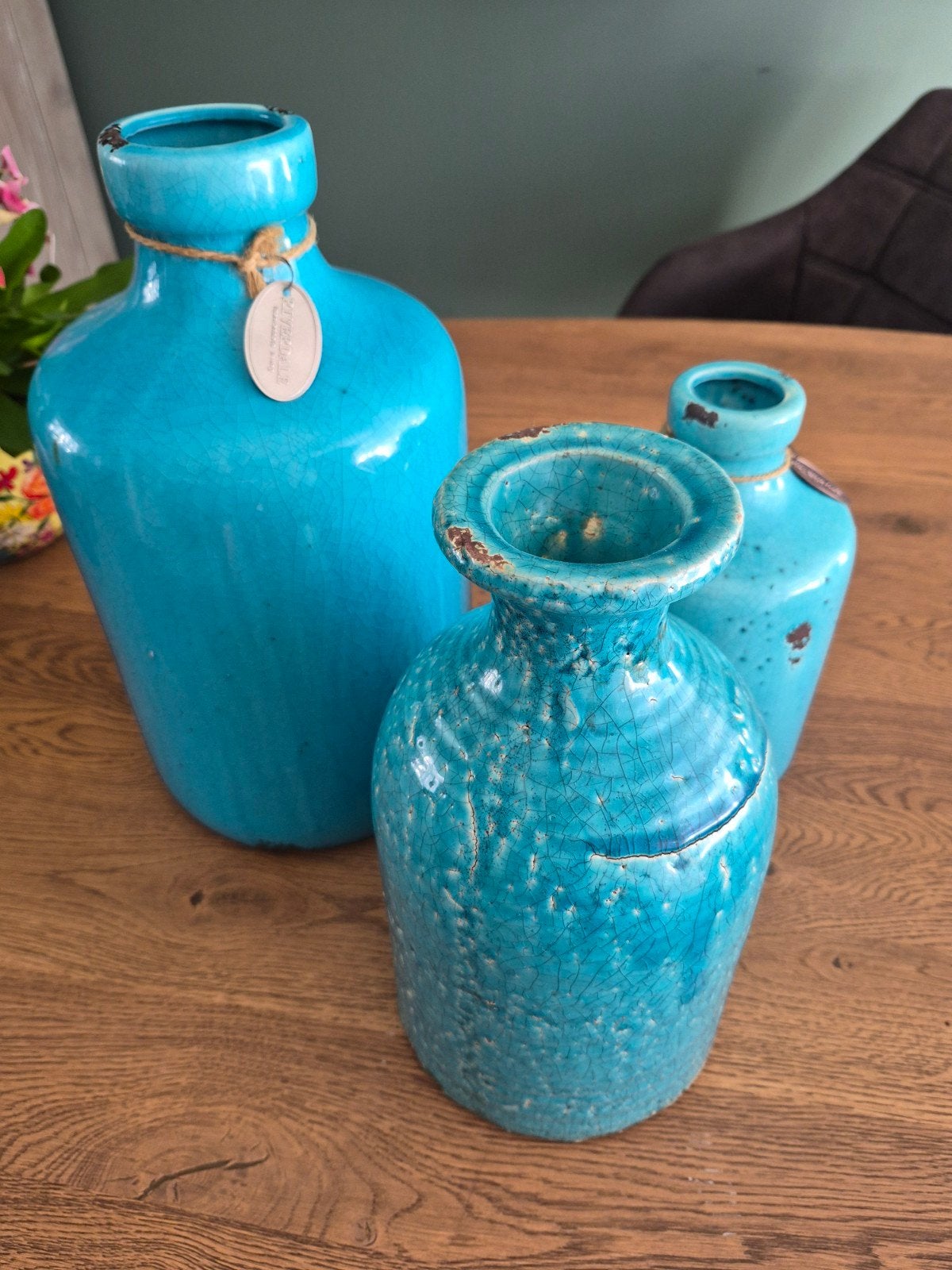 Set van 3 Riverdale vazen in turquoise craquelé, Ophalen