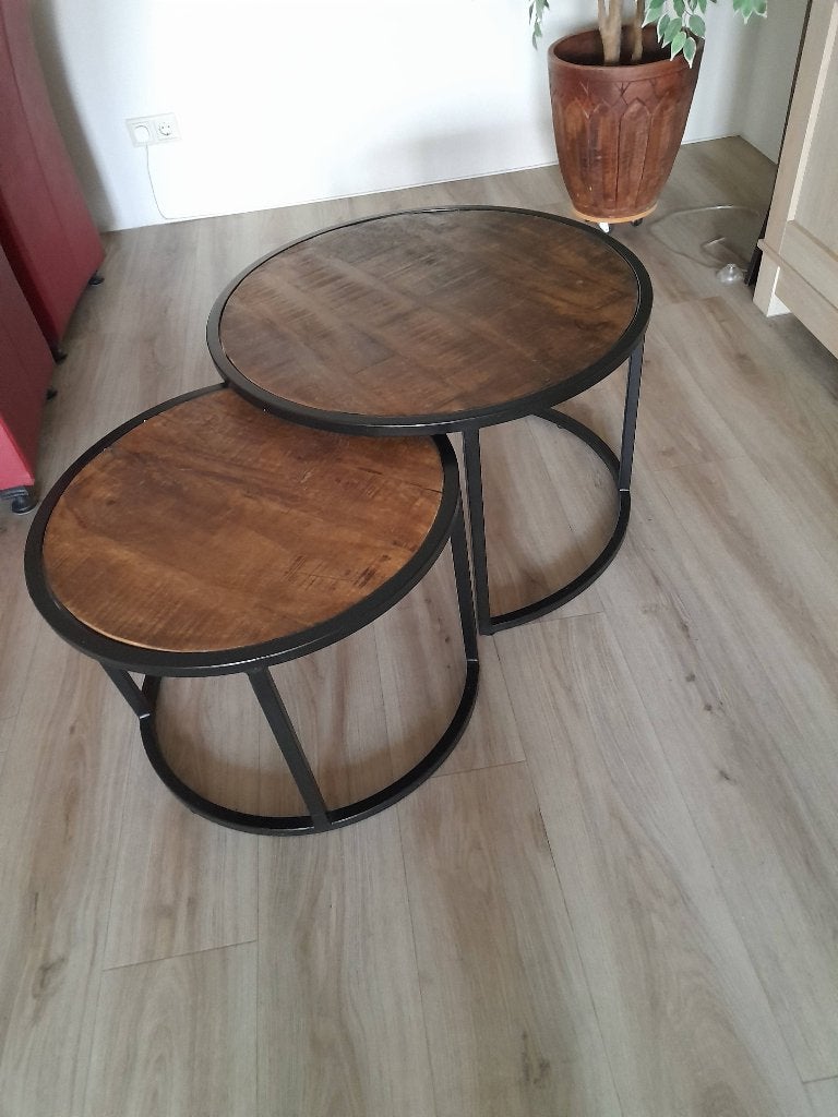 Salontafel set mangohout met metalen onderstel, 50 tot 100 cm, Rond, 50 tot 100 cm, Zo goed als nieuw