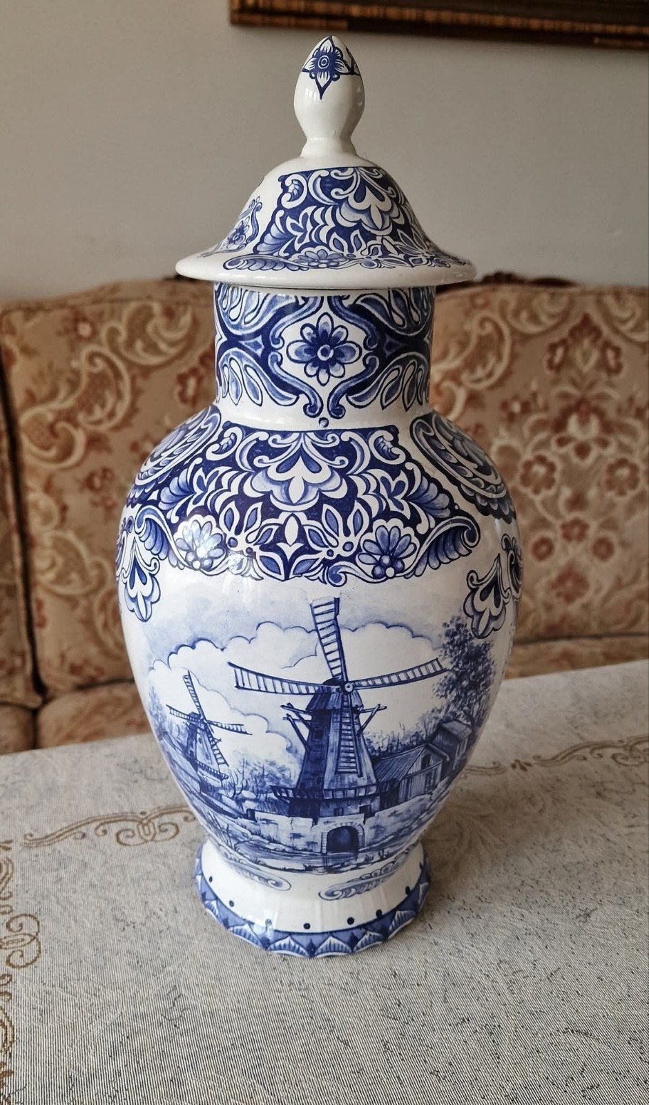 Prachtige Delfts Blauwe Vaas met Molens en Deksel, Antiek en Kunst, Ophalen of Verzenden
