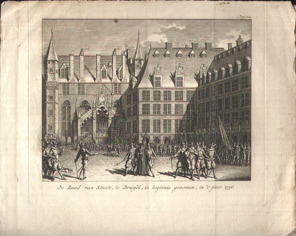Gravure De Raad van Staate, te Brussel, in hegtenis genomen, Antiek en Kunst, Kunst | Etsen en Gravures, Ophalen of Verzenden