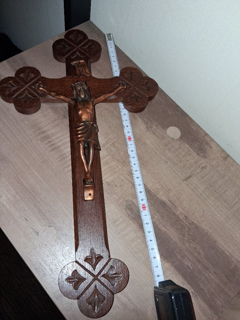 Vintage houten kruisbeeld met metalen corpus – ca. 43 cm, Antiek en Kunst, Ophalen of Verzenden