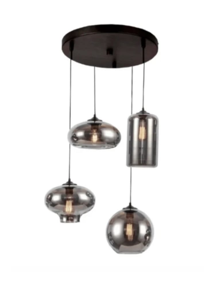 Moderne hanglamp met 4 glazen kappen - Smoke grijs, Huis en Inrichting, Ophalen of Verzenden, Zo goed als nieuw, Glas, E27 (groot)