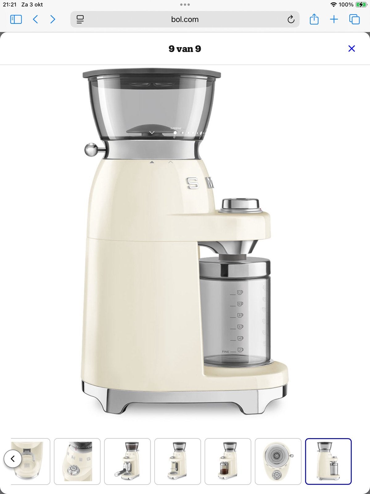 We hebben een kort gebruikte koffiebonenmaler over van Smeg, Ophalen, Zo goed als nieuw