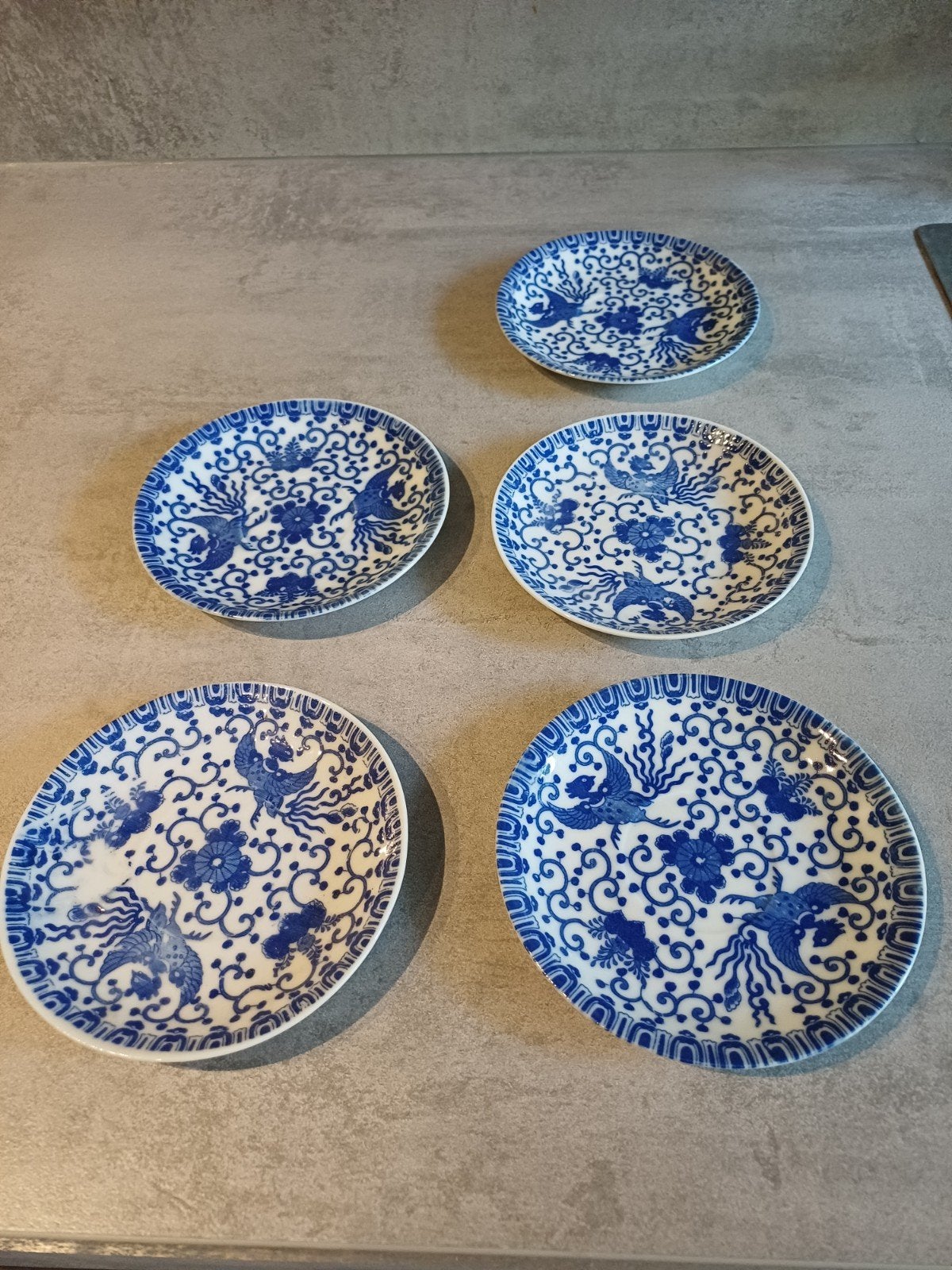 5x Blauw-witte Aziatische schoteltjes/bordjes, Aziatisch, Gebruikt, Keramiek, Ophalen of Verzenden
