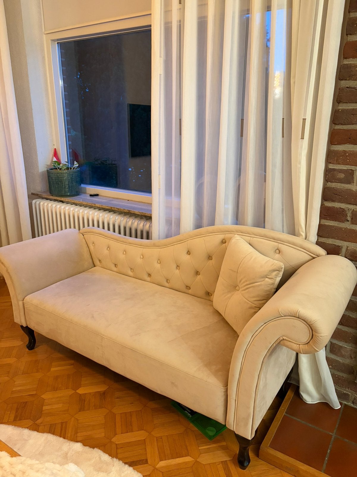 Rechtszijdige chaise longue/LATTES Fluweel Beige, Ophalen, Zo goed als nieuw, Eenpersoons, Minder dan 150 cm