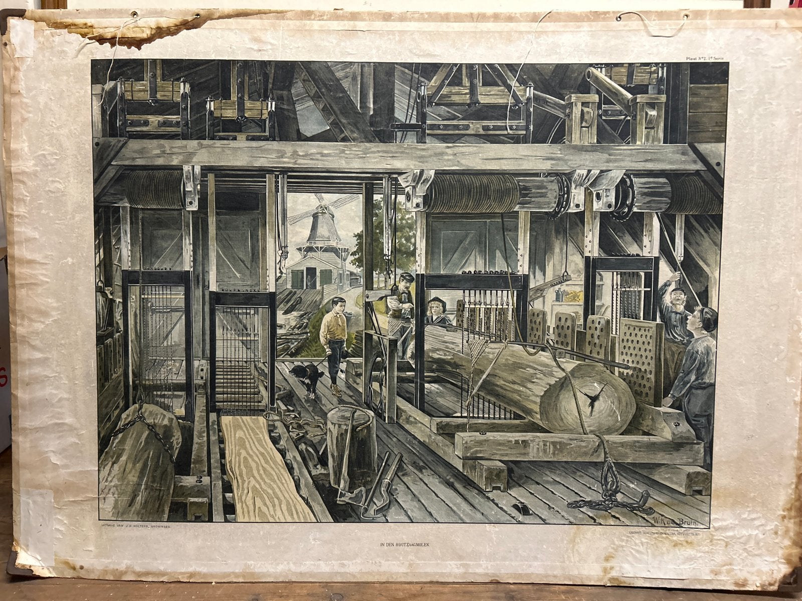 Historische Zaagmolen Print - Houtzagerij Scène, Ophalen, Print, Prent