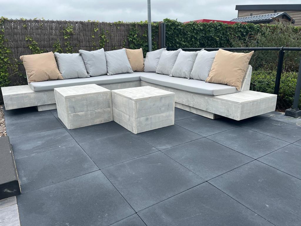 Steigerhouten hoekbank loungebank loungeset gratis hocker, Tuin en Terras, Tuinsets en Loungesets, Ophalen of Verzenden, Zo goed als nieuw