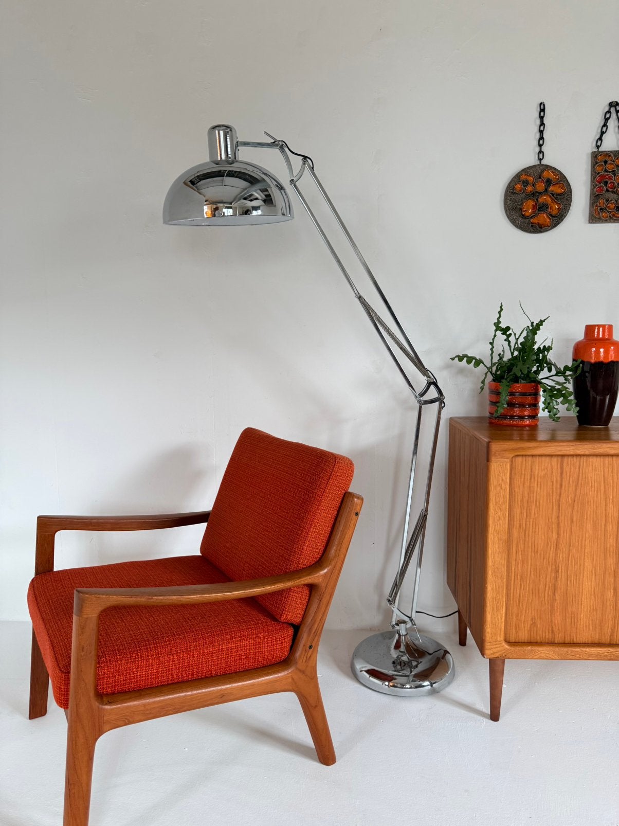 Vintage verstelbare chromen architectenlamp ‘80, Kunststof, Vintage retro buisframe design rotan webbing papercord deens, Zo goed als nieuw