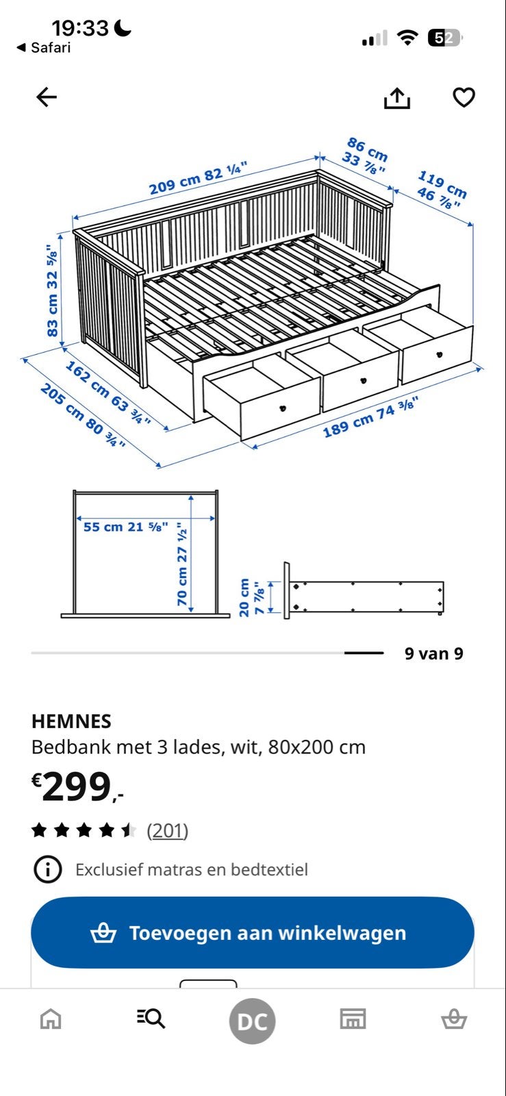 IKEA HEMNES Bedbank met 3 lades, wit, Ophalen, Verstelbaar, Eenpersoons, Wit
