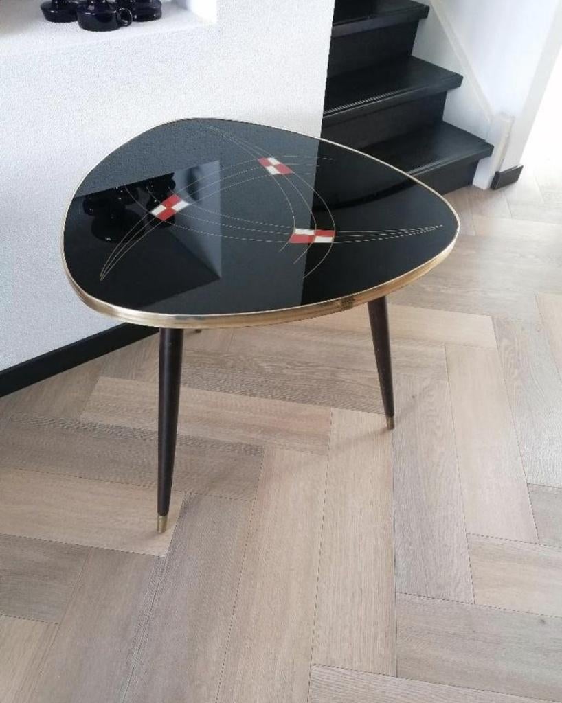 midcentury vint. tafel met glazen blad en goud kl. bies igst, Huis en Inrichting, Tafels | Salontafels, Gebruikt, 100 tot 150 cm