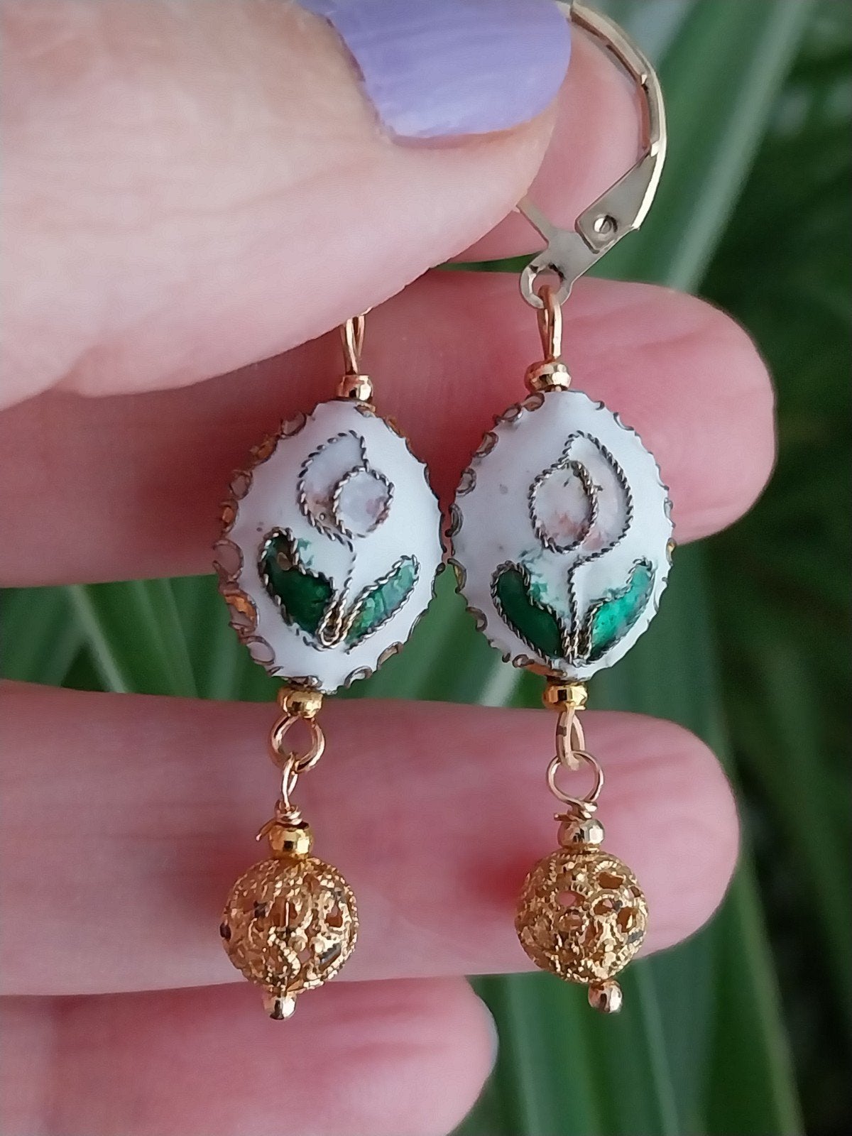 Oorbellen met Cloisonne bloem kraal #566, Verzenden, Zo goed als nieuw, Overige materialen, Hangers