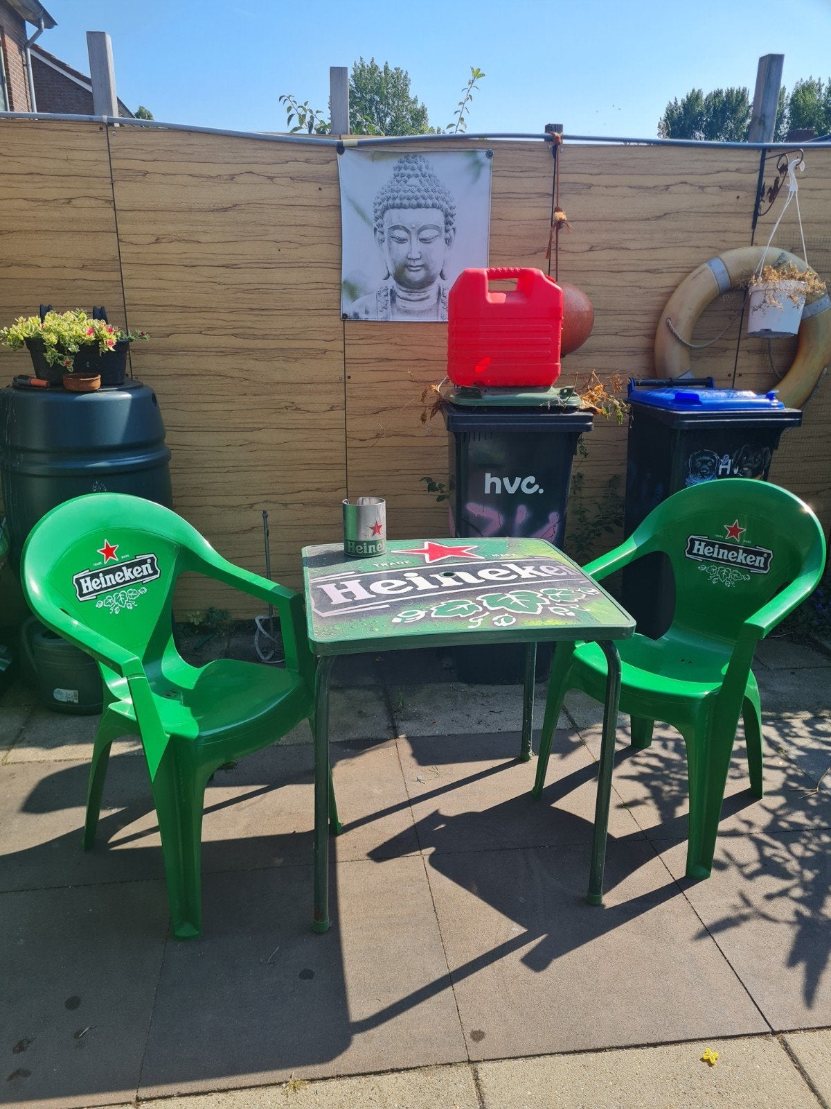 Heineken tuinset: tafel met 2 stoelen, Ophalen, Gebruikt, Rechthoekig, Kunststof