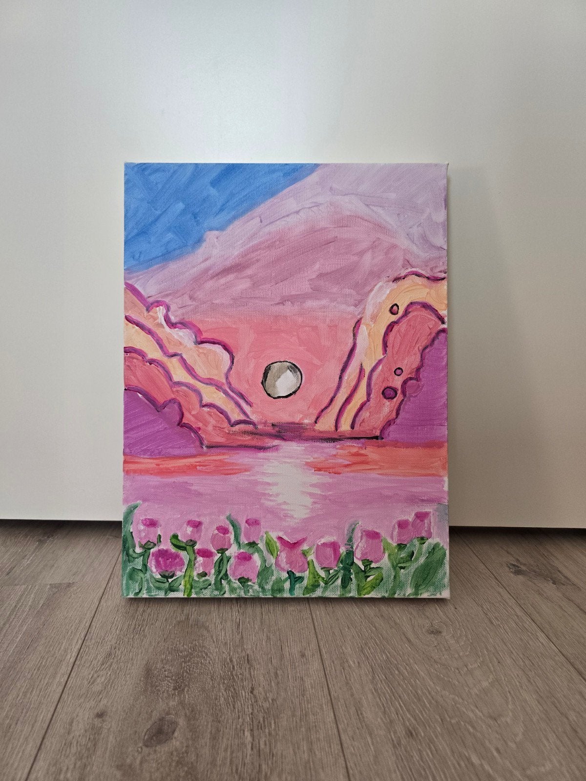 Zelfgeschilderd tulpenlandschap bij zonsondergang, Antiek en Kunst, Kunst | Schilderijen | Klassiek, Ophalen of Verzenden