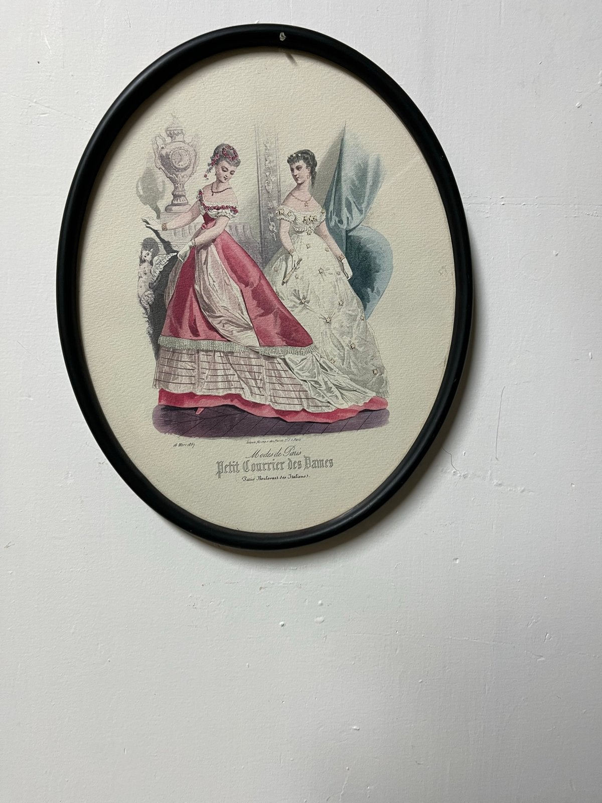 Antieke prent 'Petit Courrier des Dames' in ovale lijst, Ophalen of Verzenden