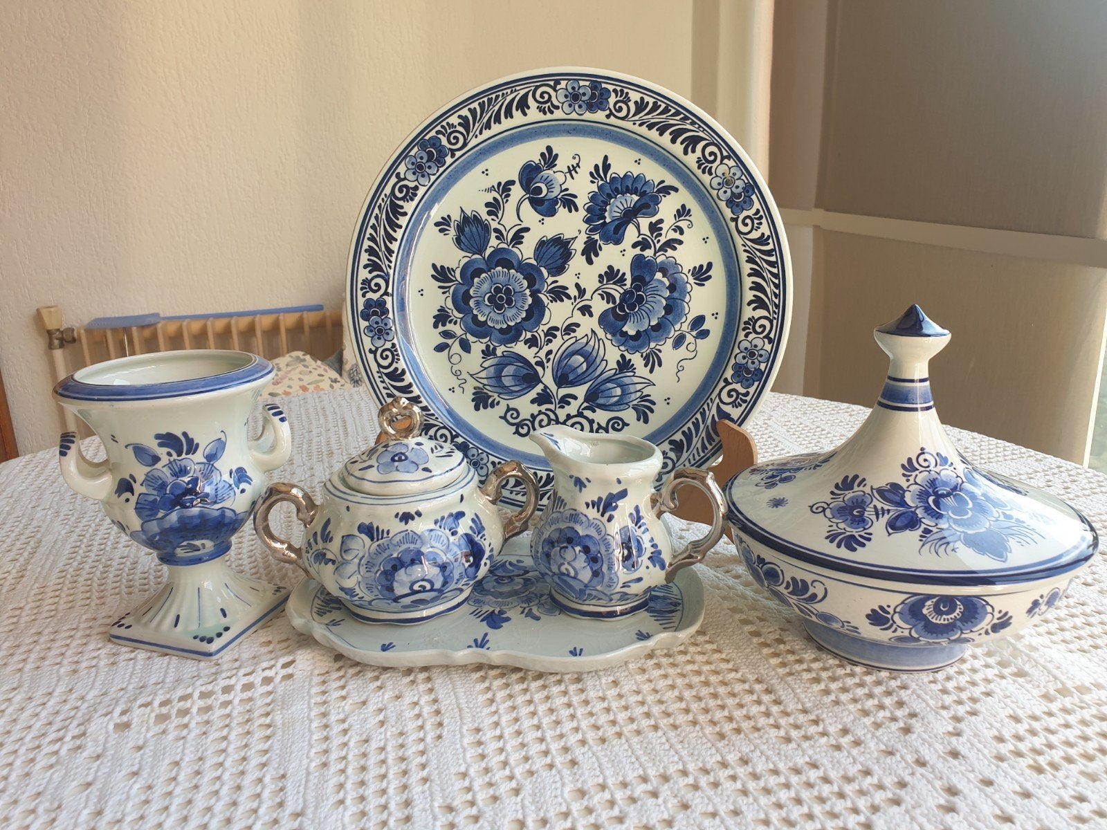 Delfts Blauw Roomstel, Bord, Bonbonschaal en Vaasje, Antiek en Kunst, Ophalen