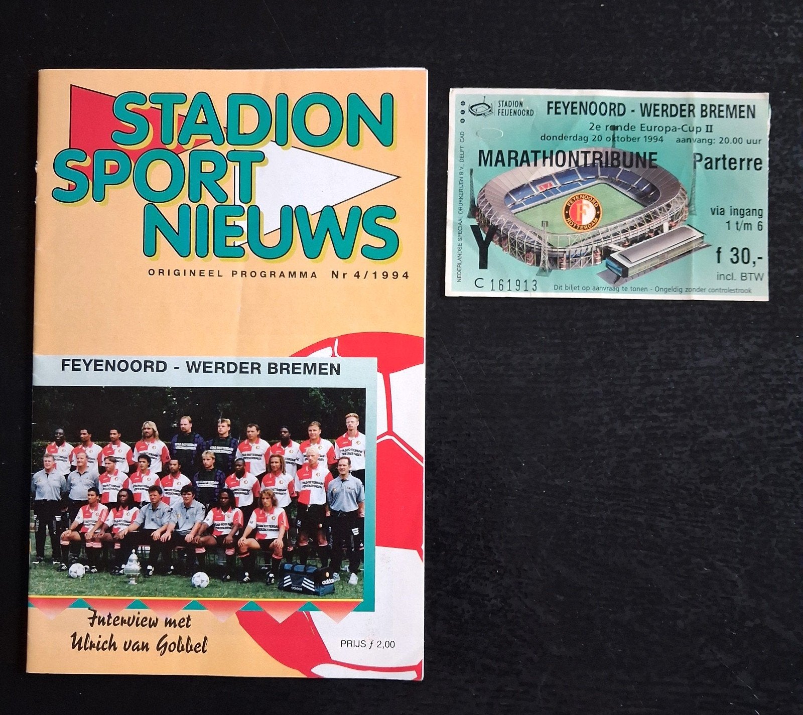 Programma/ticket Feyenoord-Werder Bremen EC II 20-10-1994., Verzamelen, Ophalen of Verzenden, Gebruikt, Feyenoord, Overige typen