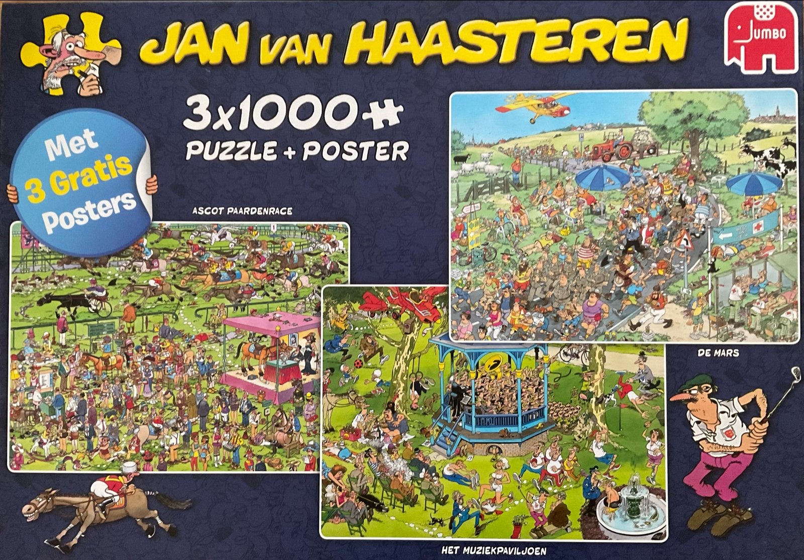 Jan van Haasteren 3x1000 st: De Mars, Ascot, Muziekpaviljoen, Ophalen of Verzenden, 500 t/m 1500 stukjes, Zo goed als nieuw, Legpuzzel