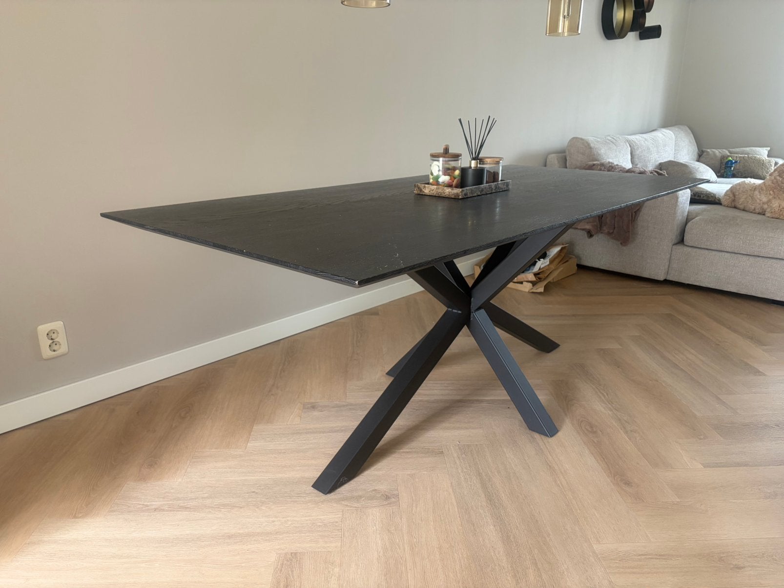 Geverfd eiken tafel met kruispoot 200x90 twv 2500, 200 cm of meer, Zo goed als nieuw, Rechthoekig, 50 tot 100 cm