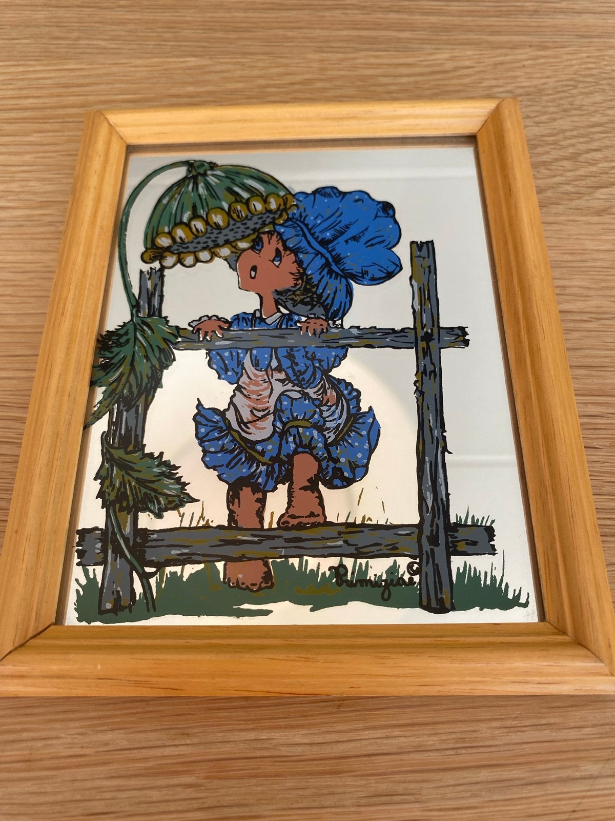 Vintage wandspiegeltje met opdruk Primiziae, Minder dan 50 cm, Gebruikt, Ophalen of Verzenden, Minder dan 100 cm