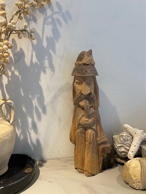 Vintage handgesneden houten beeld. Oude man pijp. Duitsland, Antiek en Kunst, Ophalen, Handgemaakt, 20 - 50 cm, Beeld