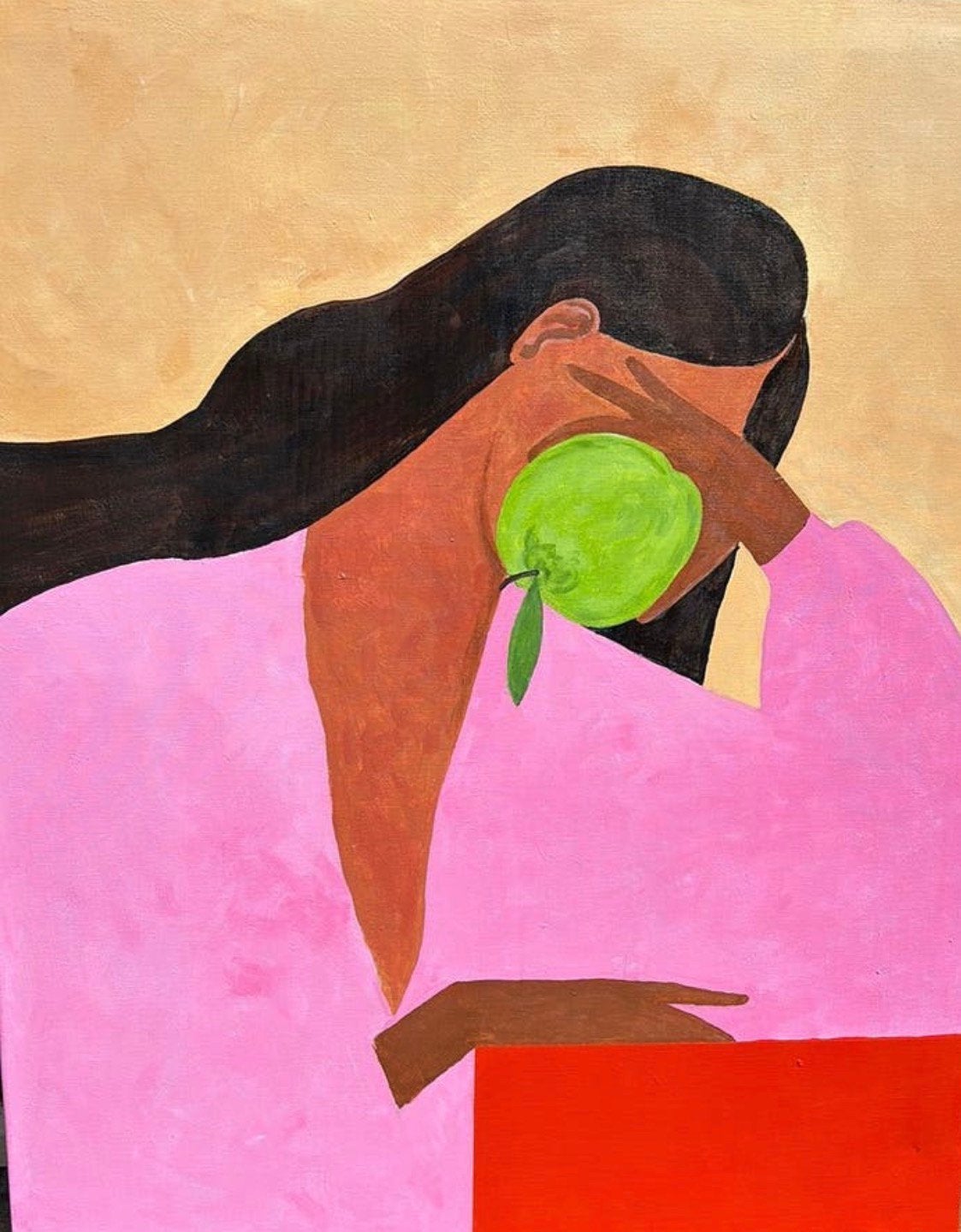 Abstract Schilderij: Vrouw met Groene Appel, 80x100, Ophalen, Oorspronkelijke maker, Nieuw, Schilderij