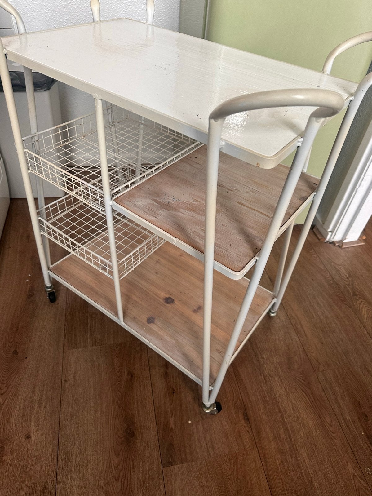 Witte Keukentrolley met Opbergmanden en Houten Planken, Ophalen, Gebruikt, Keukentrolley, Metaal