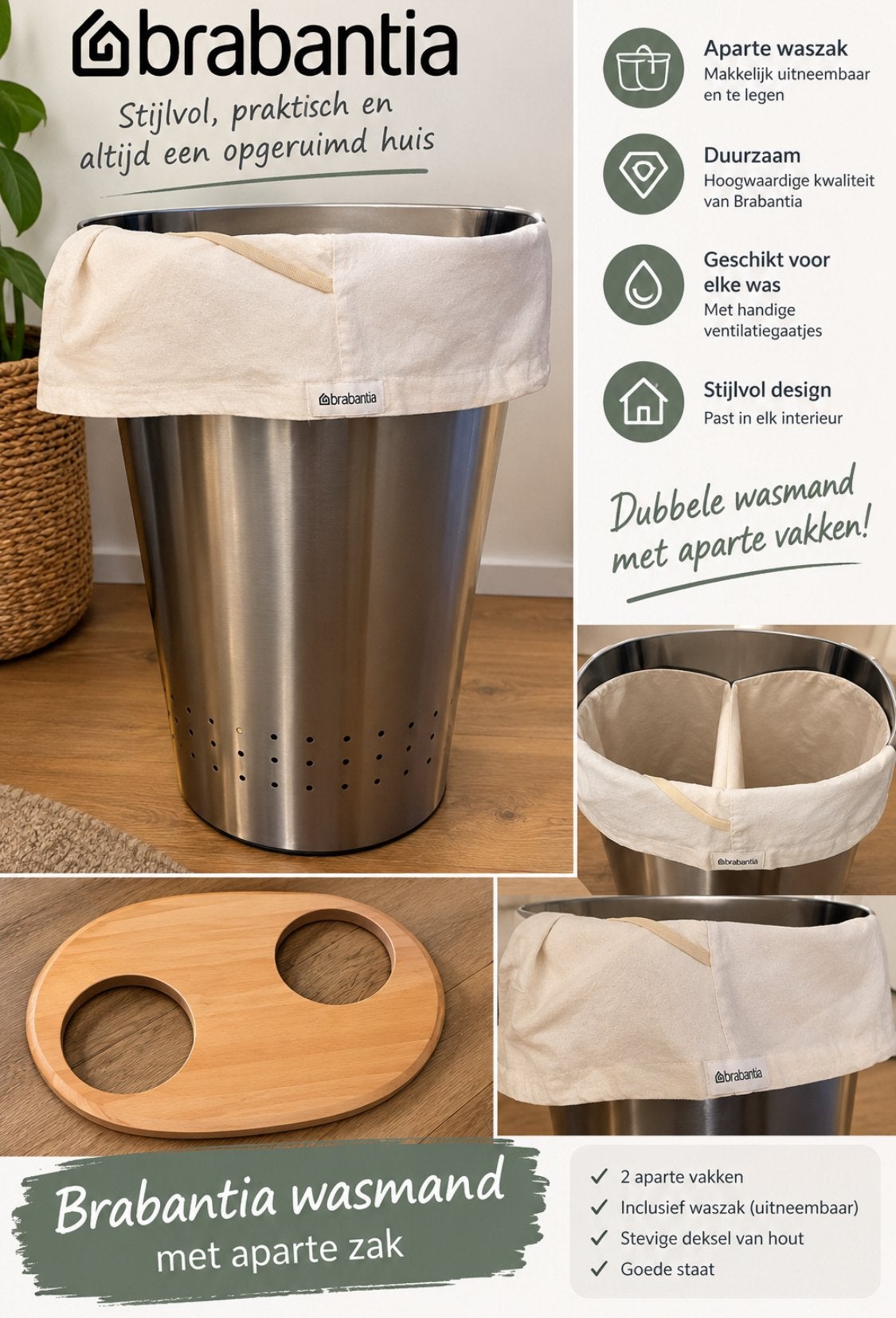 Brabantia (dubbele) wasmand, Ophalen of Verzenden, Zo goed als nieuw, Zilver, Metaal